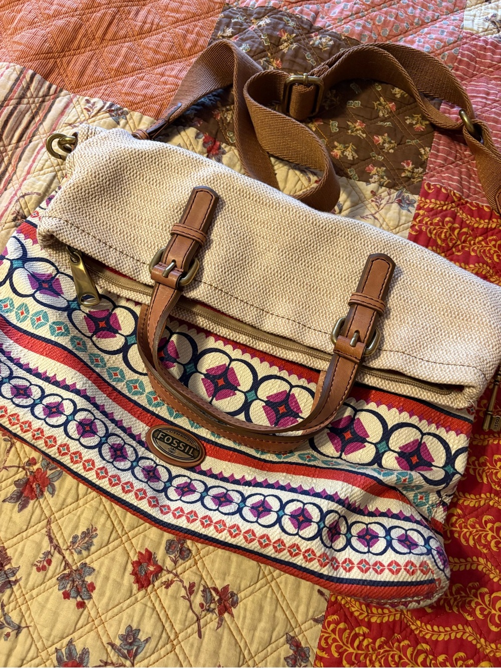Fossil Boho Woven Canvas Tote Crossbody Bag Leather Trim Multicolor - Picture 4 of 6
